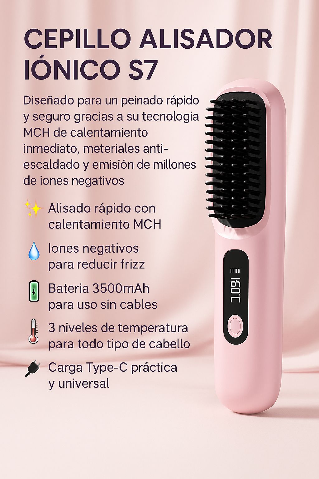 Cepillo alisador de cabello, calor en 30 segundos.